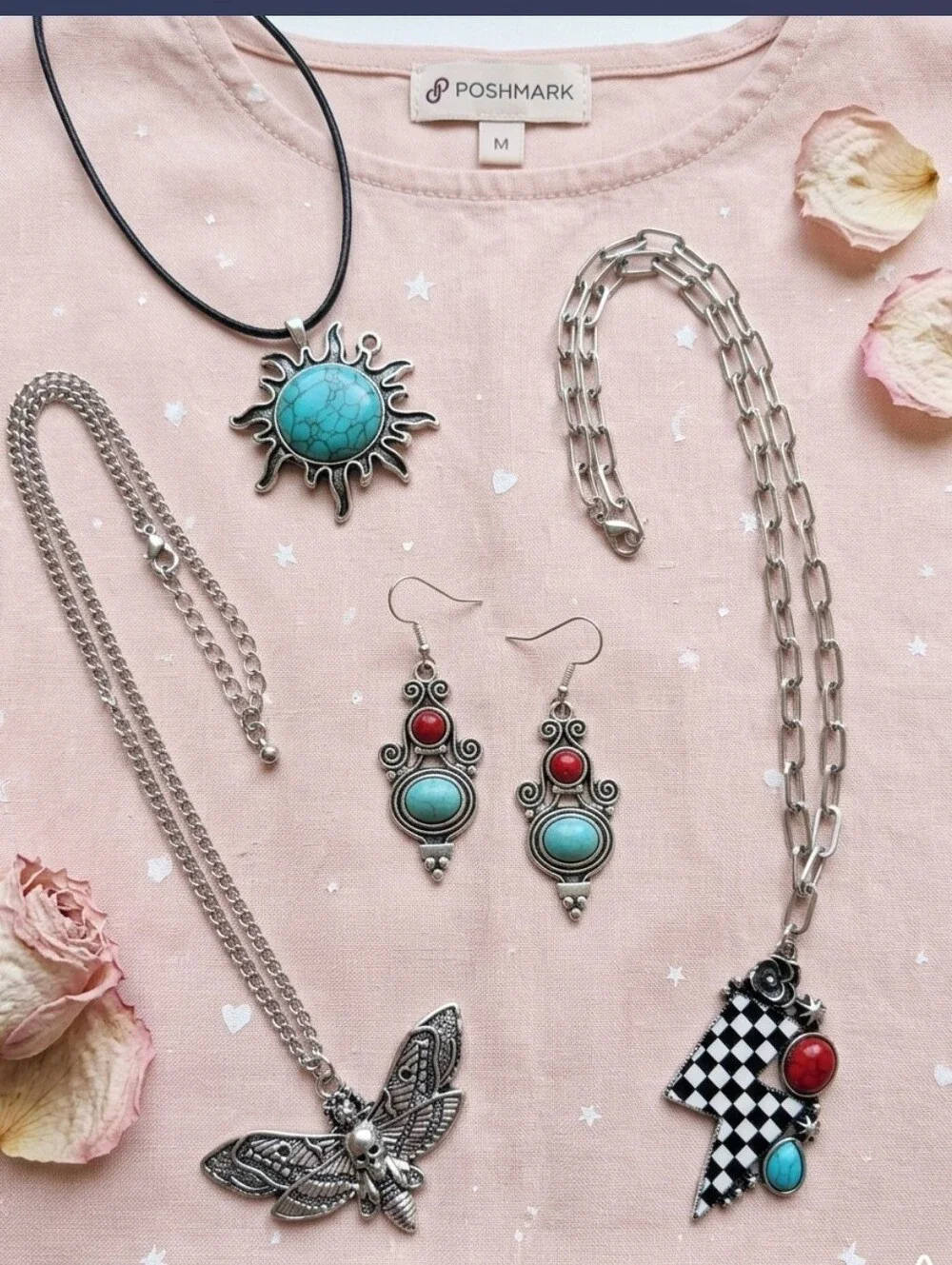 Plated Turquoise Red Coral Sun Moth Checker Bolt Jewelry Set! Make Great Gifts!